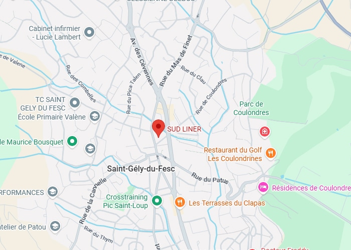 Plan de Saint-Gély-du-Fesc et Localisation de SUD LINER Plan Google Maps de Saint-Gély-du-Fesc montrant SUD LINER, le Parc de Coulondres et des commerces locaux.